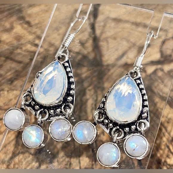 Rainbow Moonstone & Synthetic Opalite Earrings 1 1/2” - Picture 5 of 12